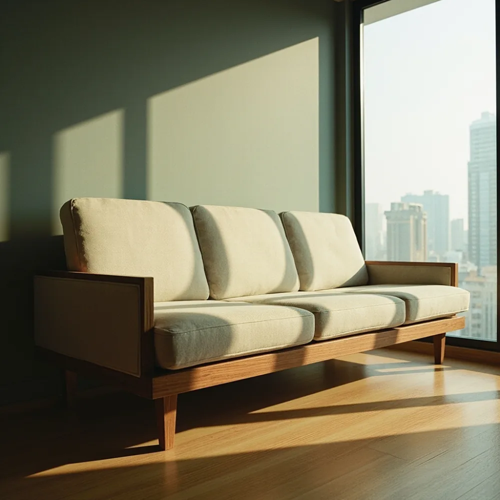 Sofa my kayu pepejal modul tiga dalam ruang tamu kondominium KL dengan upholsteri linen matte.