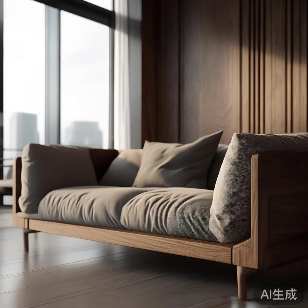 Gambar sofa kayu pepejal mewah di ruang tinggal modern