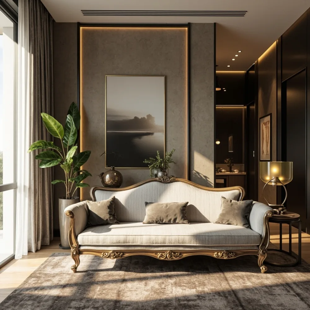 sofa gaya Perancis mewah dalam ruang tamu kondominium