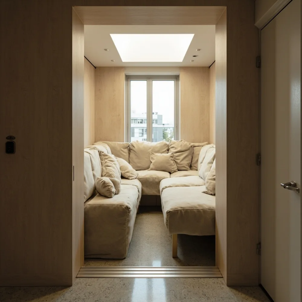 sofa modular L bentuk melalui lif kondominium sempit