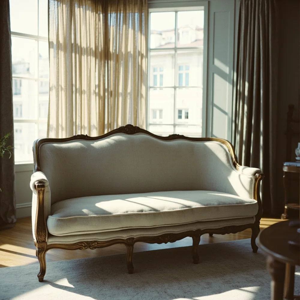 Gambar sofa gaya Perancis mewah dengan rangka kayu pepejal dan kaki berbentuk
