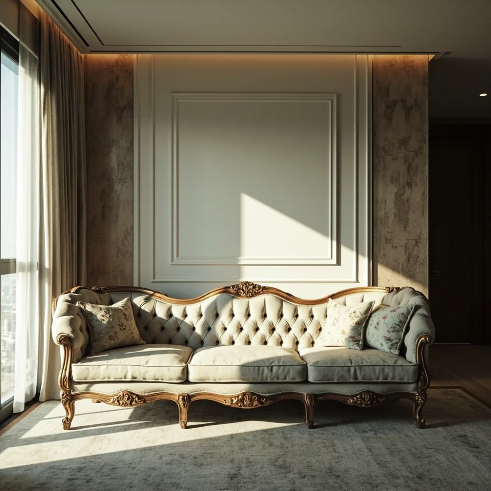 Gambar sofa mewah gaya Perancis di apartemen moden di KL