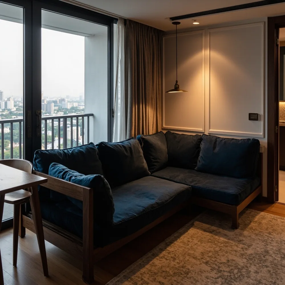 Sofa my modular bersama meja makan di kondominium Pulau Pinang