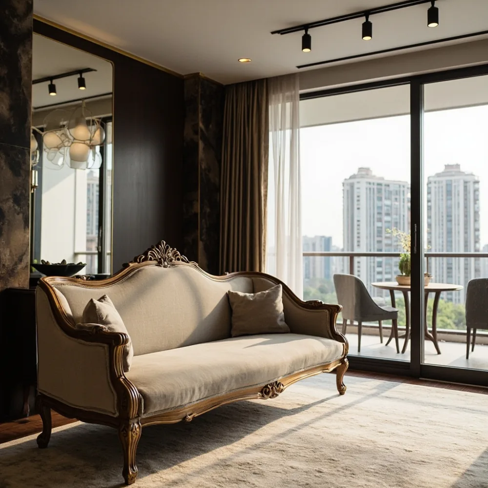 sofa gaya Perancis kayu pepejal dalam kondominium moden