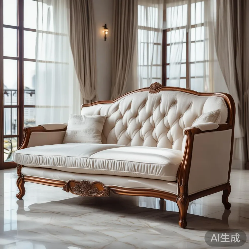 Sofa kayu pepejal gaya Perancis di ruang tamu kondominium Kuala Lumpur