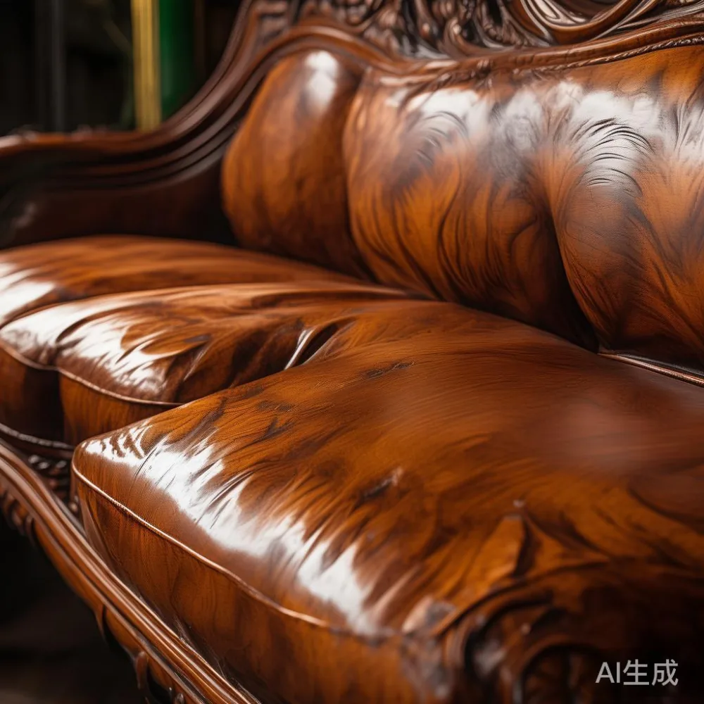 Pandangan dekat sofa kayu pepejal dengan desain rumit