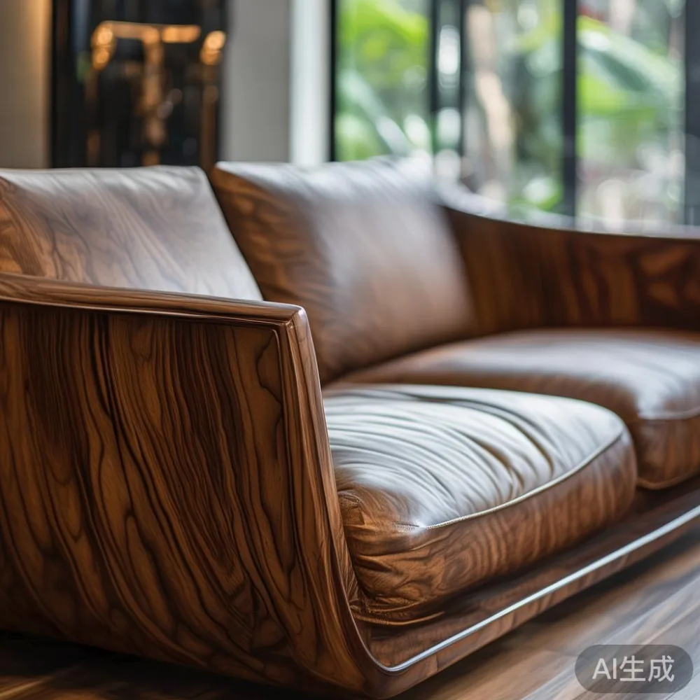 Gambar sofa kayu pepejal mewah di ruang tamu kondominium di KL