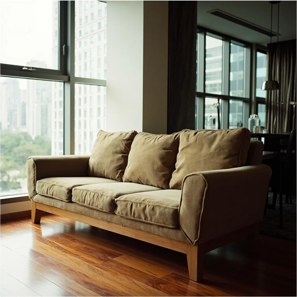 Sofa my tiga dudukan kayu pepejal boucle cappuccino di ruang tamu kondominium Kuala Lumpur dengan cahaya semula jadi dari jendela penuh