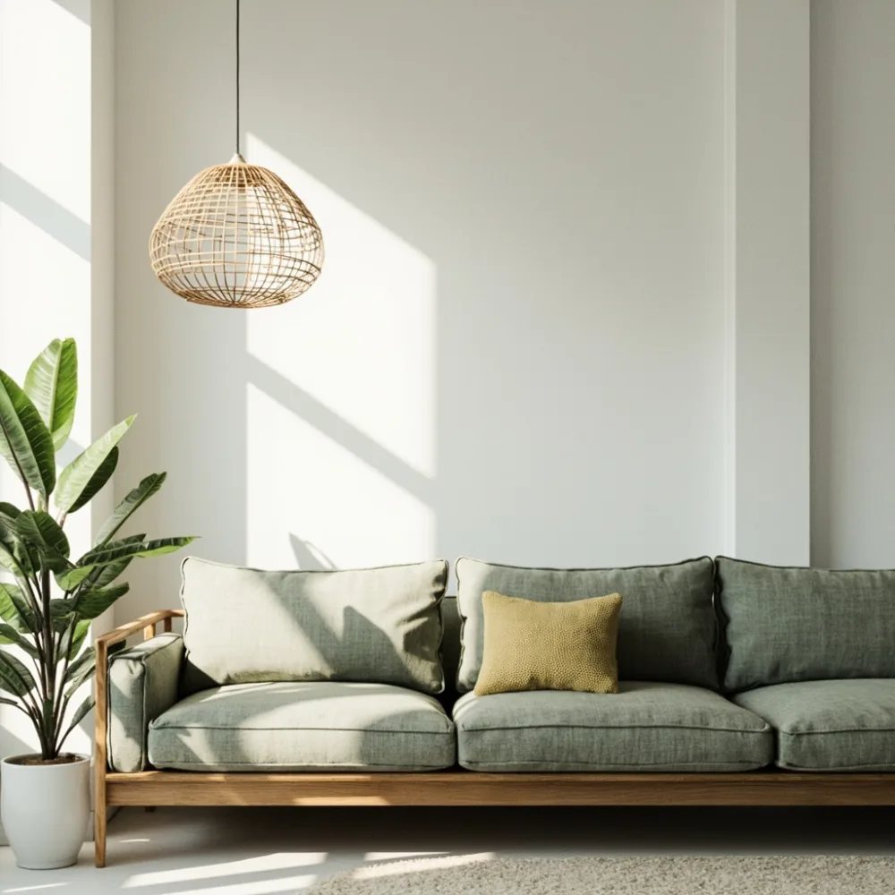 Sofa my sudut L kayu pepejal linen sage green di ruang tamu teres moden Malaysia dengan dinding putih dan lampu loket rotan