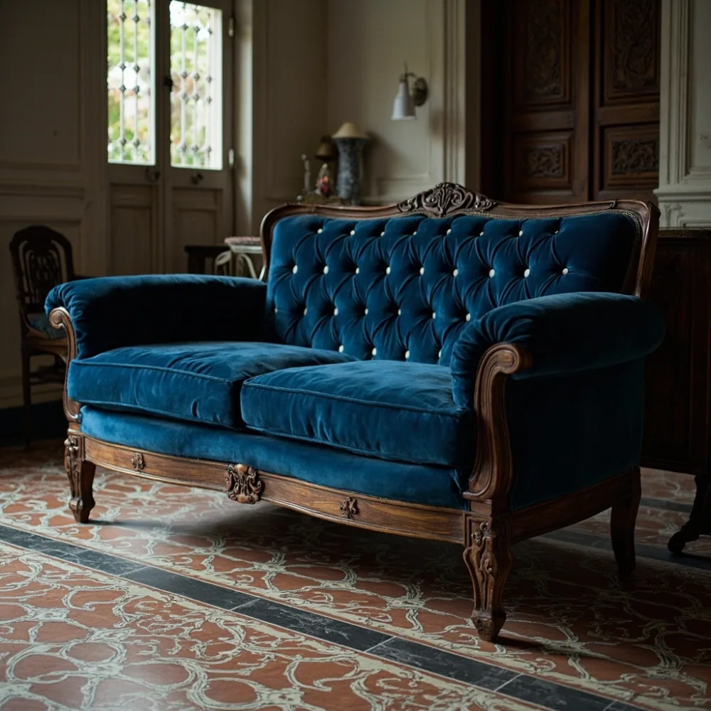 Sofa my gaya Perancis Provincial upholsteri baldu biru gelap dengan ukiran kayu mahogani di rumah teres warisan Pulau Pinang dengan lantai jubin Peranakan