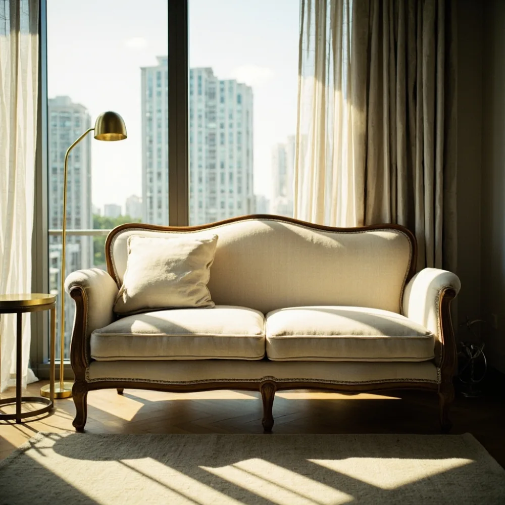 Sofa kayu pepejal gaya Perancis dalam ruang tamu kondominium KL