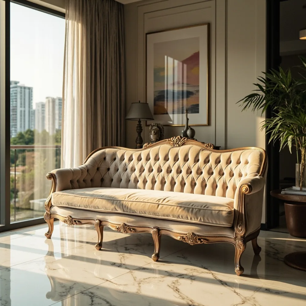 Sofa baldu gaya Perancis berwarna champagne di ruang tamu kondominium Kuala Lumpur