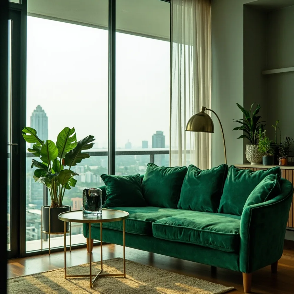 Sofa baldu zamrud gaya postmoden di balkoni kondominium Johor Bahru