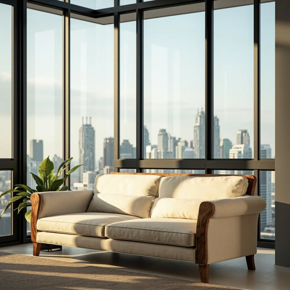 Sofa my kayu pepejal gaya Perancis dalam ruang tamu kondominium Kuala Lumpur dengan upholsteri linen krim