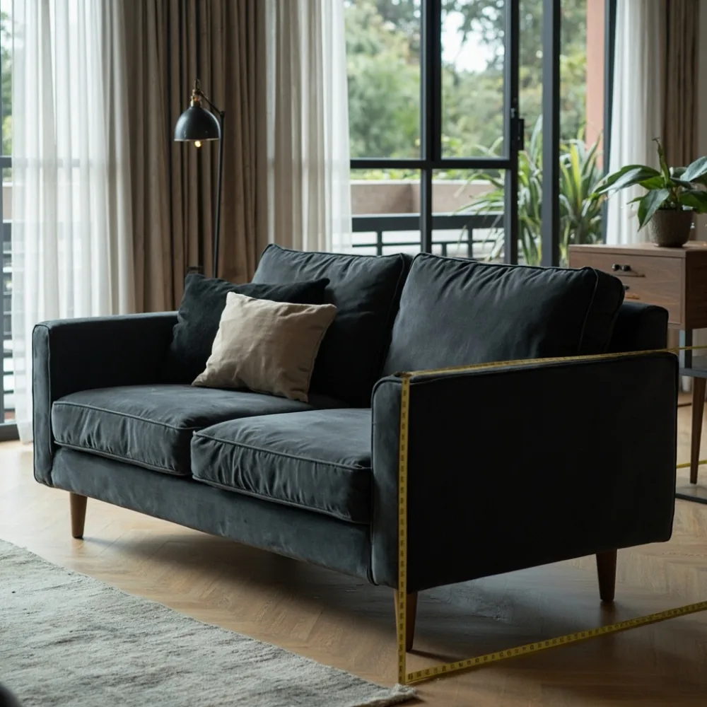 Sofa my tiga tempat duduk gaya Amerika kontemporari beludru arang dengan kaki kayu oak di ruang tamu teres Johor Bahru
