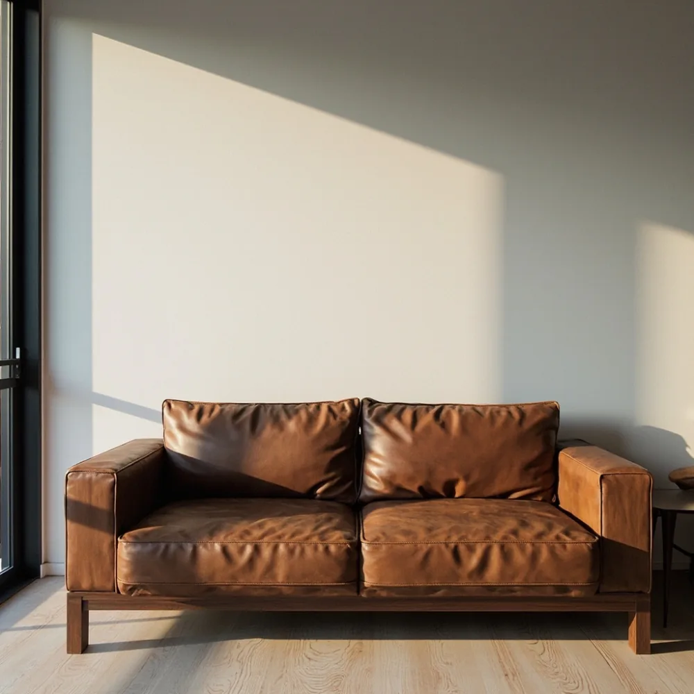 Sofa my posmoden walnut dengan upholsteri kulit semi-anilin di ruang tamu minimalis kondominium Pulau Pinang
