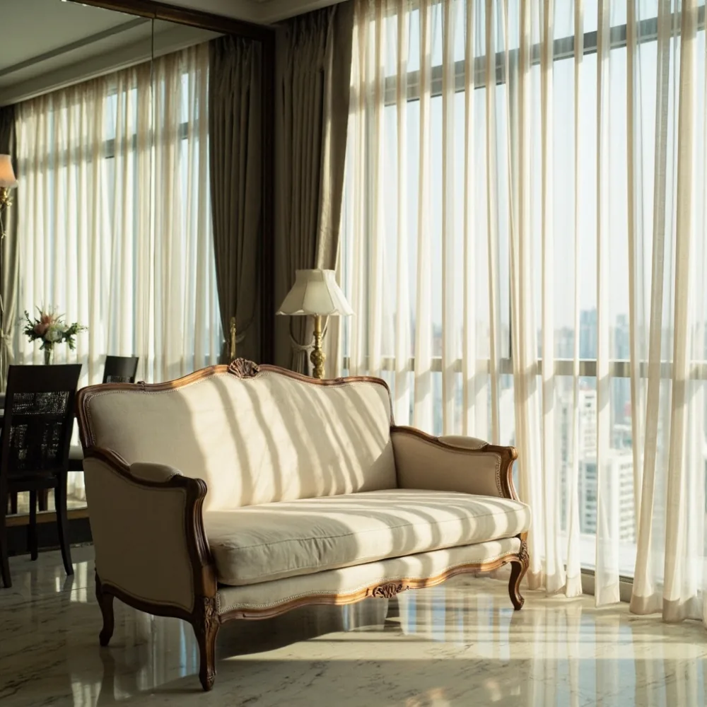 Sofa kayu pepejal gaya Perancis dalam ruang tamu kondominium Kuala Lumpur dengan pencahayaan semula jadi