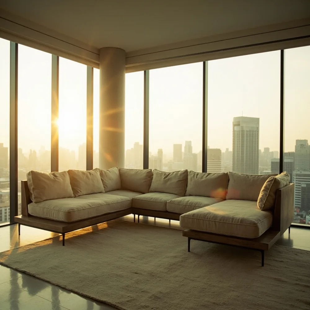 Sofa sudut postmodern kayu pepejal dalam kondominium mewah Johor Bahru dengan pemandangan bandar