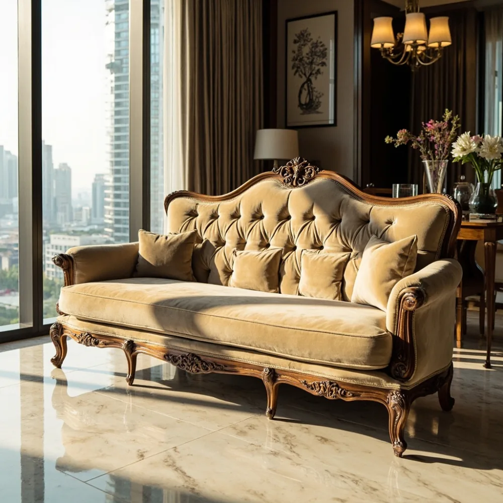 Sofa kayu pepejal gaya Perancis mewah dalam ruang tamu kondominium Kuala Lumpur dengan upholsteri velvet champagne dan latar skyline KLCC.