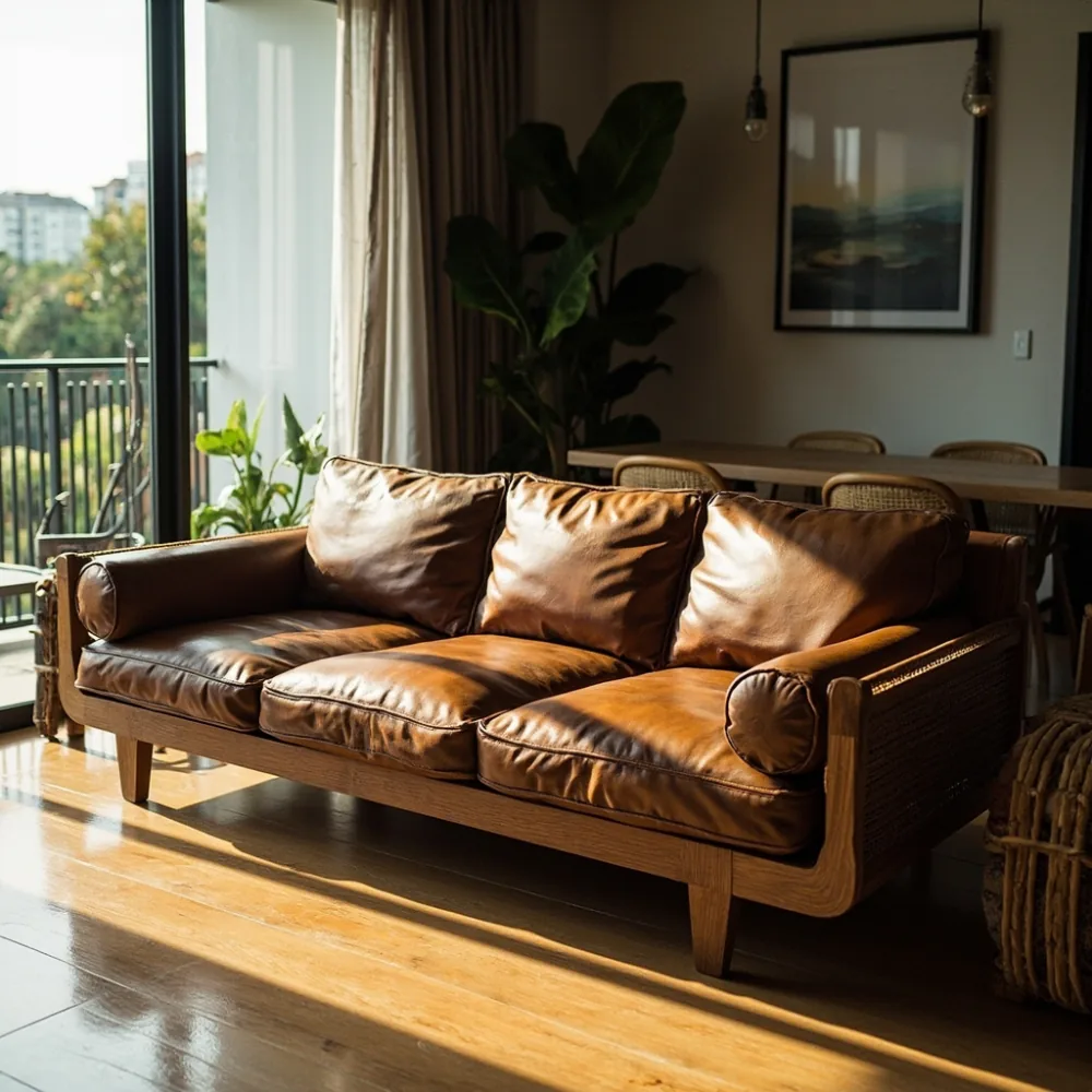 Sofa kayu pepejal gaya Amerika upholsteri kulit Itali warna cognac di kondominium Pulau Pinang dengan lantai oak dan sentuhan tropika.