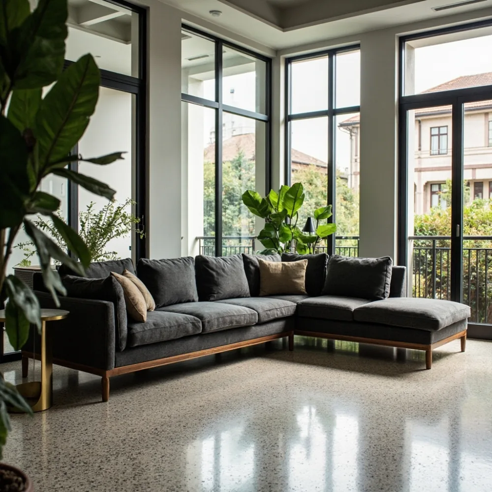 Sofa sudut L-shape postmoden upholsteri boucle kelabu arang dalam rumah teres Johor Bahru dengan lantai terazzo dan meja sisi loyang.