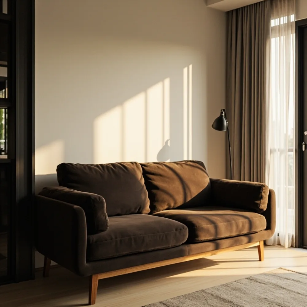 Sofa mewah gaya Amerika kayu pepejal di rumah teres Johor Bahru dengan fabrik microfiber coklat