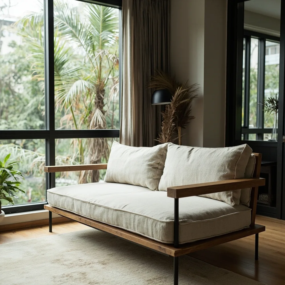 Sofa pasca-moden kayu pepejal dengan fabrik boucle di kondominium melihat bersebelahan taman tropika