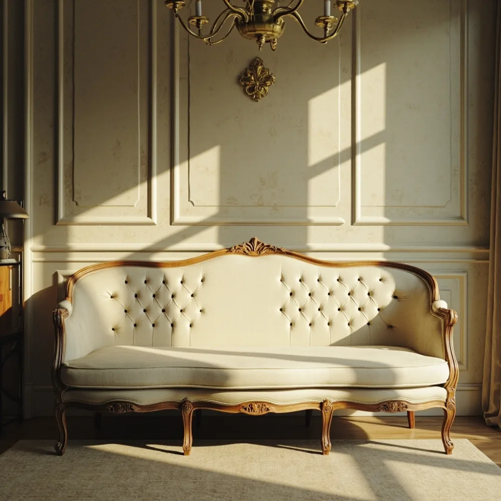 sofa kayu pepejal gaya Perancis Louis XV dalam ruang tamu kondominium Kuala Lumpur