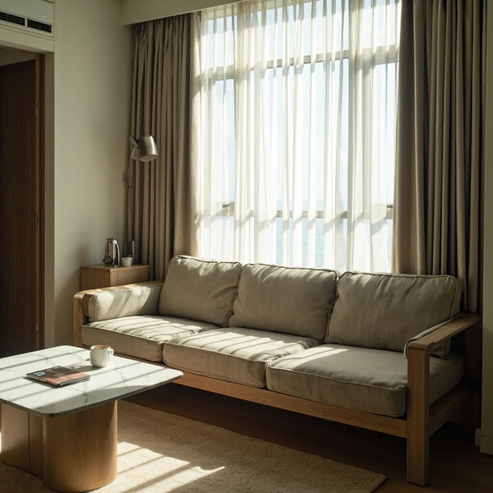 sofa kayu pepejal gaya postmoden minimalis dalam kondominium kecil Pulau Pinang