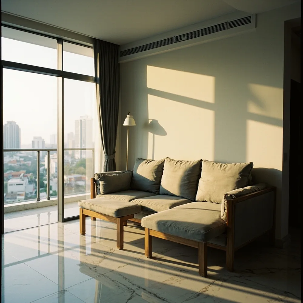 Sofa my kayu oak pepejal tiga modul di ruang tamu kondominium Kuala Lumpur dengan cahaya semula jadi dan lantai marmar