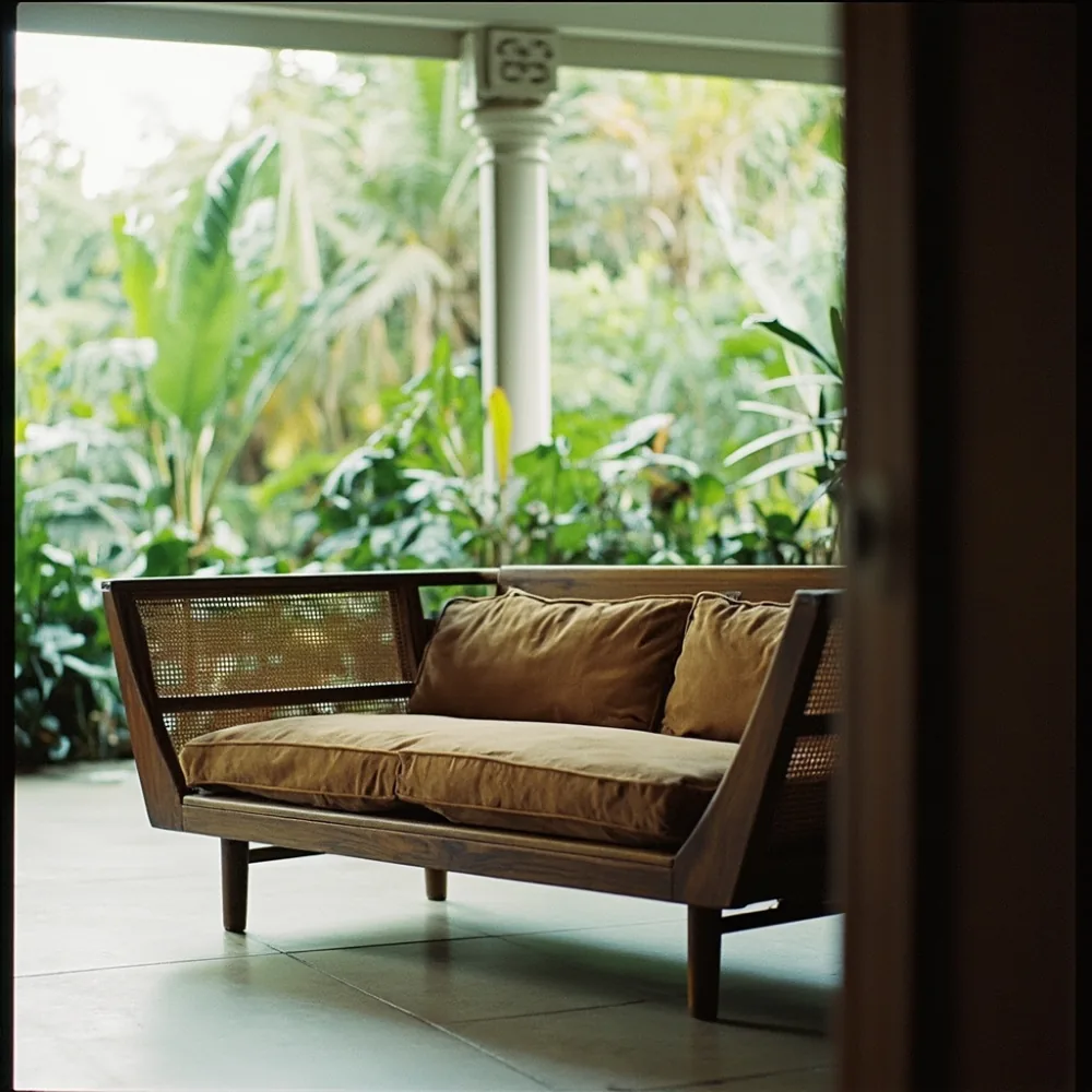 Sofa my postmoden kayu walnut dengan kaki tirus 12 cm di ruang tamu teres Johor Bahru dengan aksen rotan dan cahaya tropika
