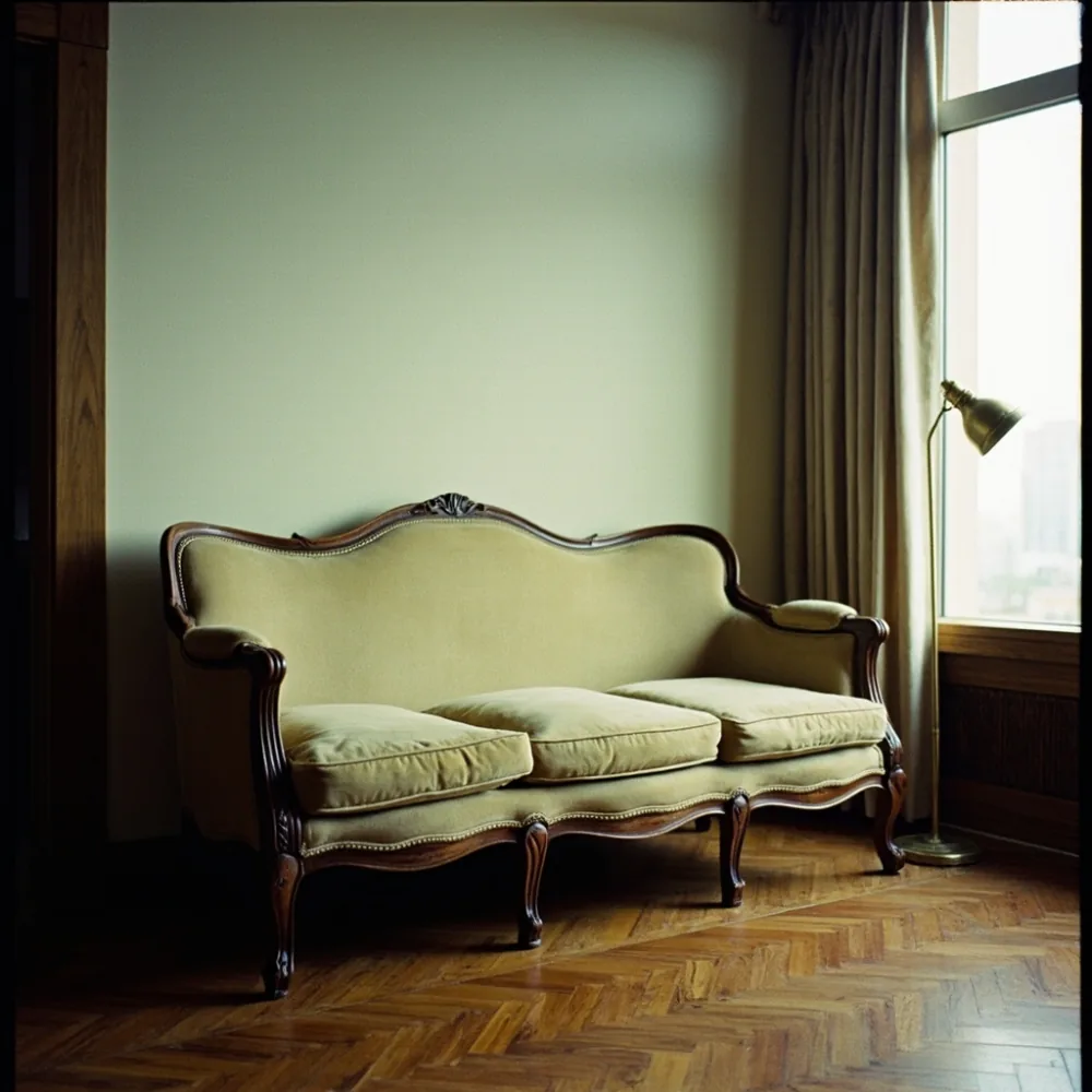 Sofa my gaya Perancis kayu mahogany di kondominium Pulau Pinang dengan lantai herringbone dan lampu berdiri loyang