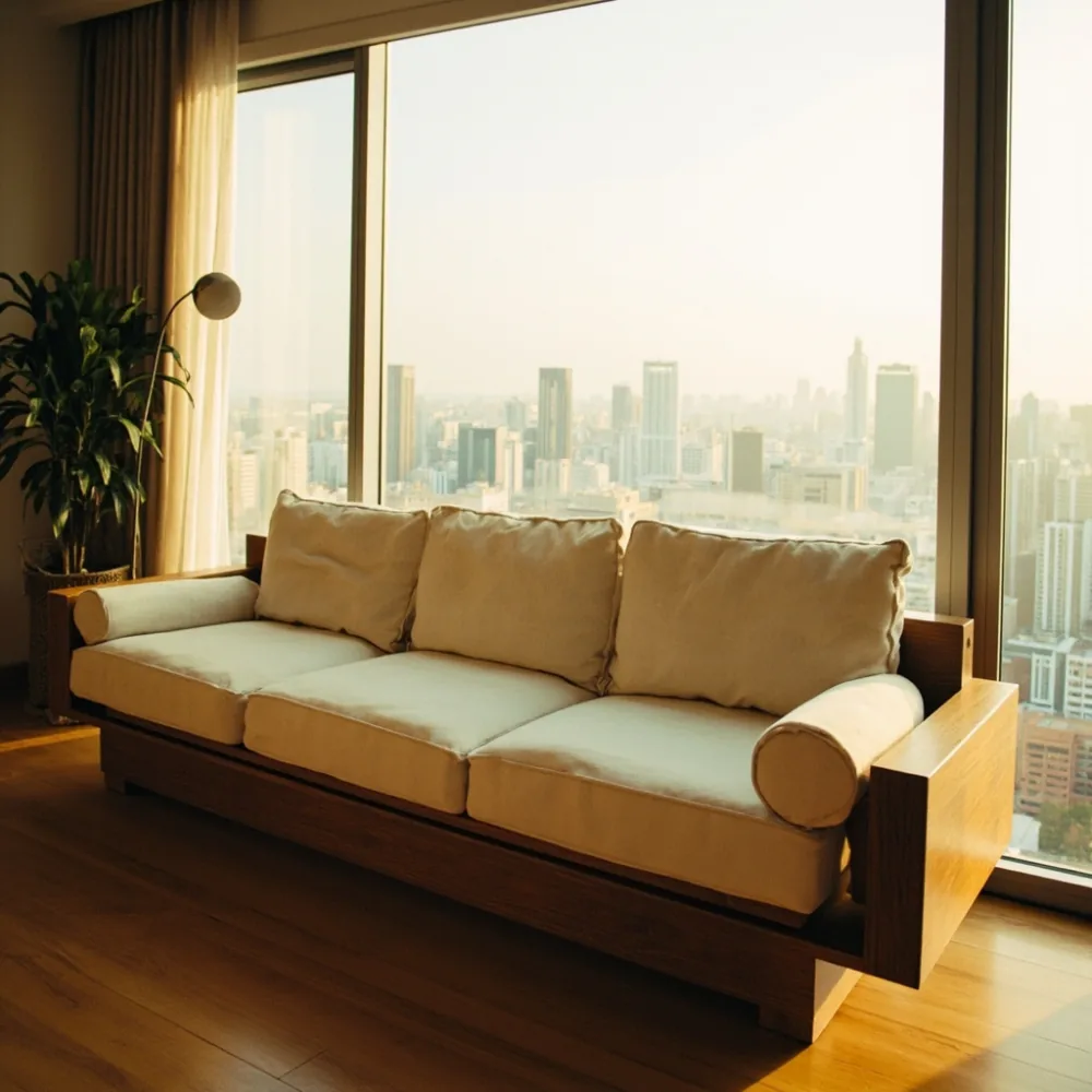Sofa kayu pepejal tiga dudukan gaya mewah dalam ruang tamu kondominium Kuala Lumpur dengan fabrik linen krim