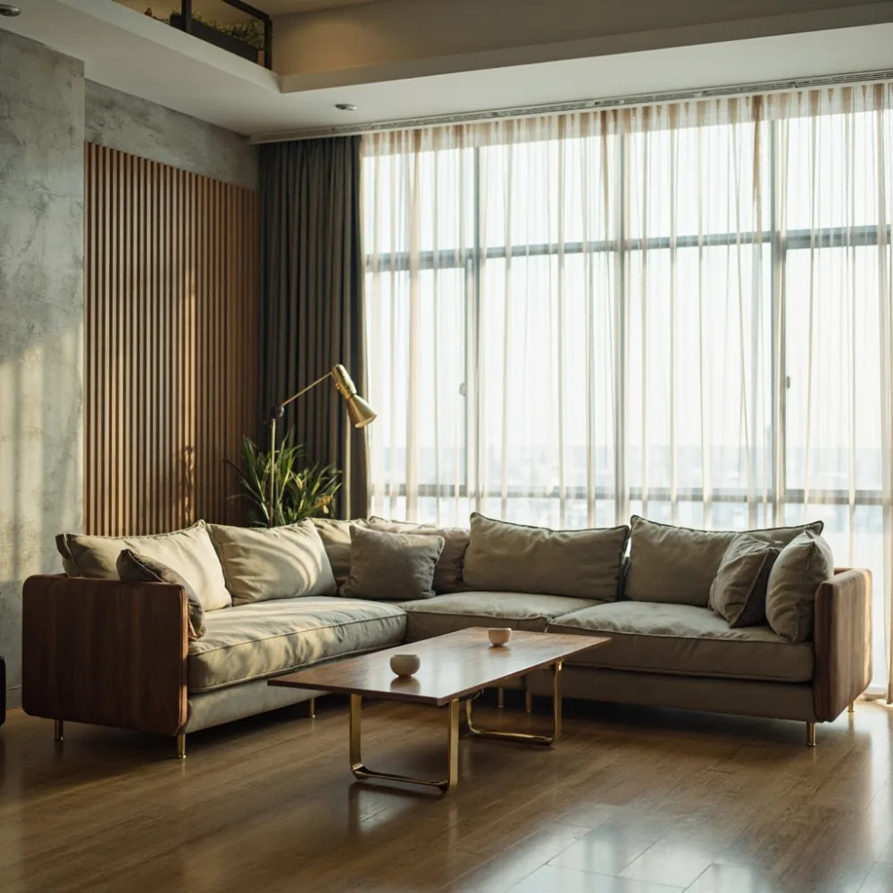 Sofa my postmoden L-shape walnut di kondominium Johor Bahru dengan meja kopi kayu pepejal