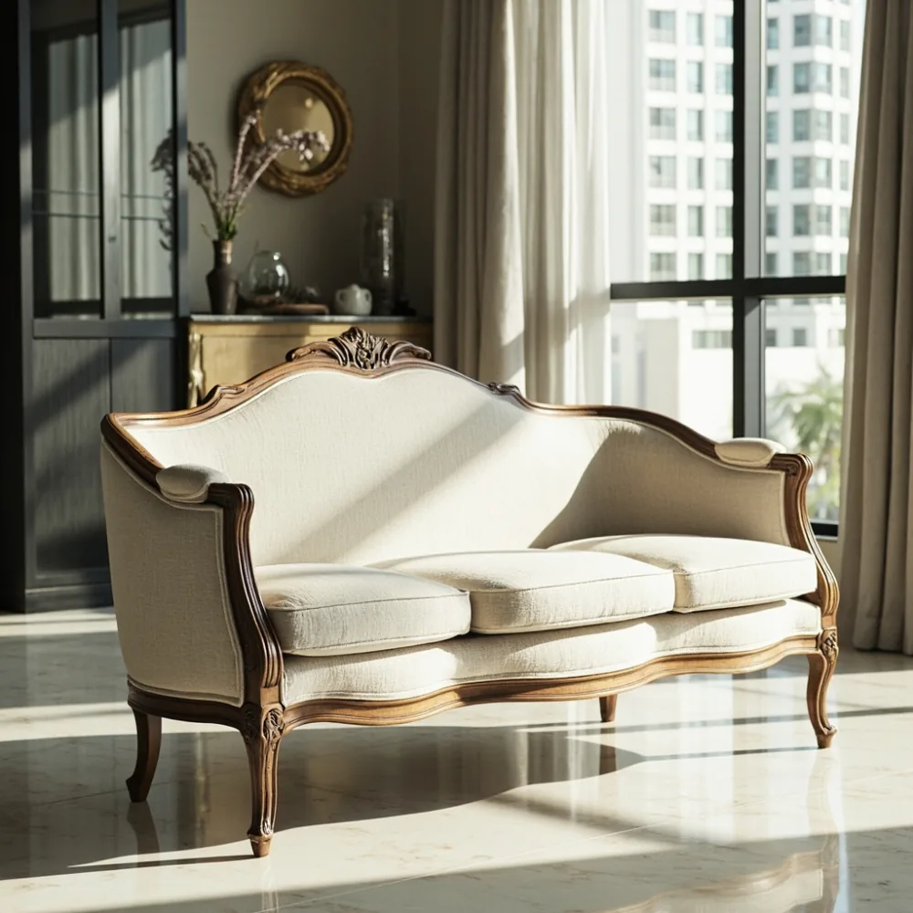 Sofa mewah gaya Perancis kayu pepejal fabrik boucle krim di ruang tamu kondominium Kuala Lumpur