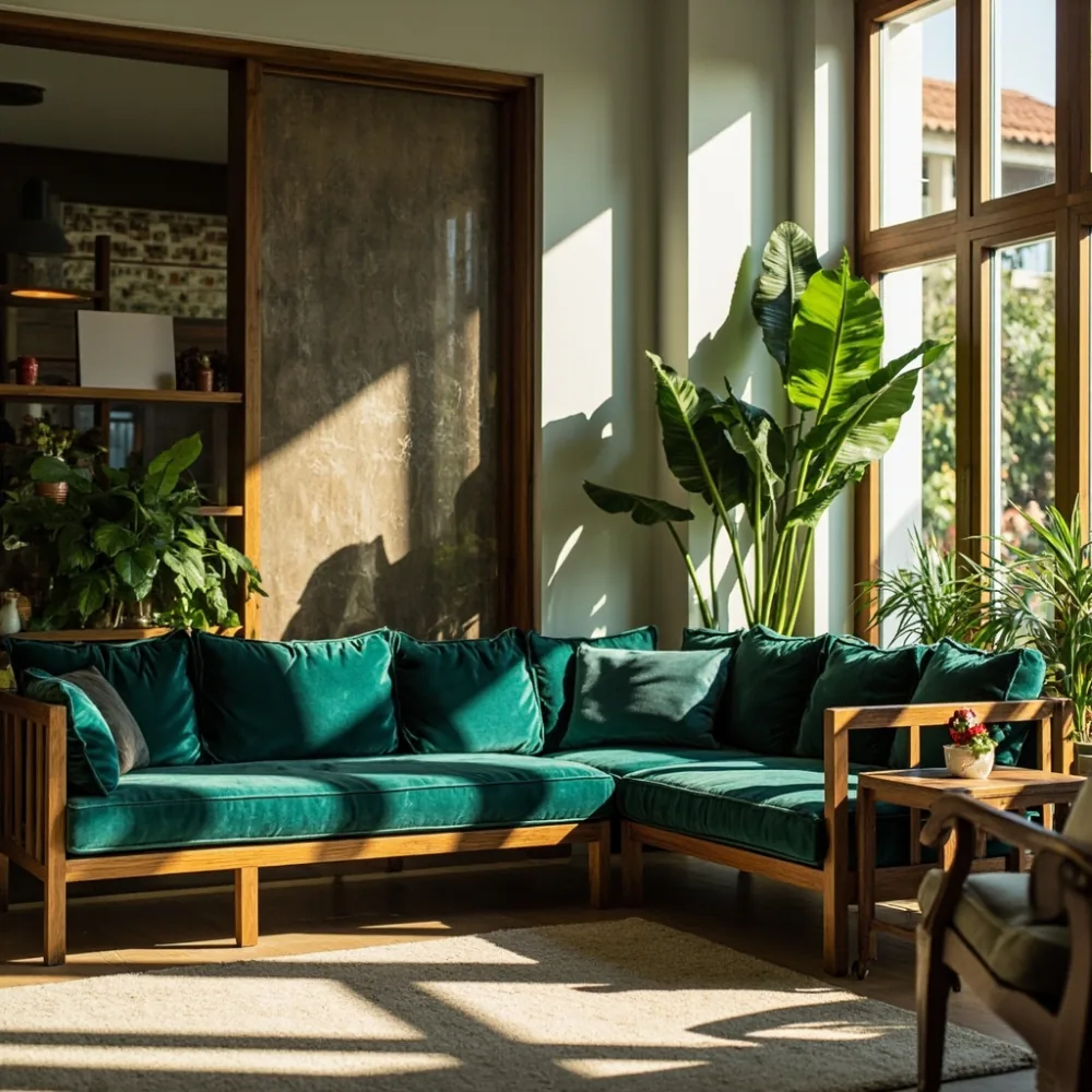 Sofa sectional kayu pepejal gaya Amerika baldu zamrud di ruang tamu teres Johor Bahru