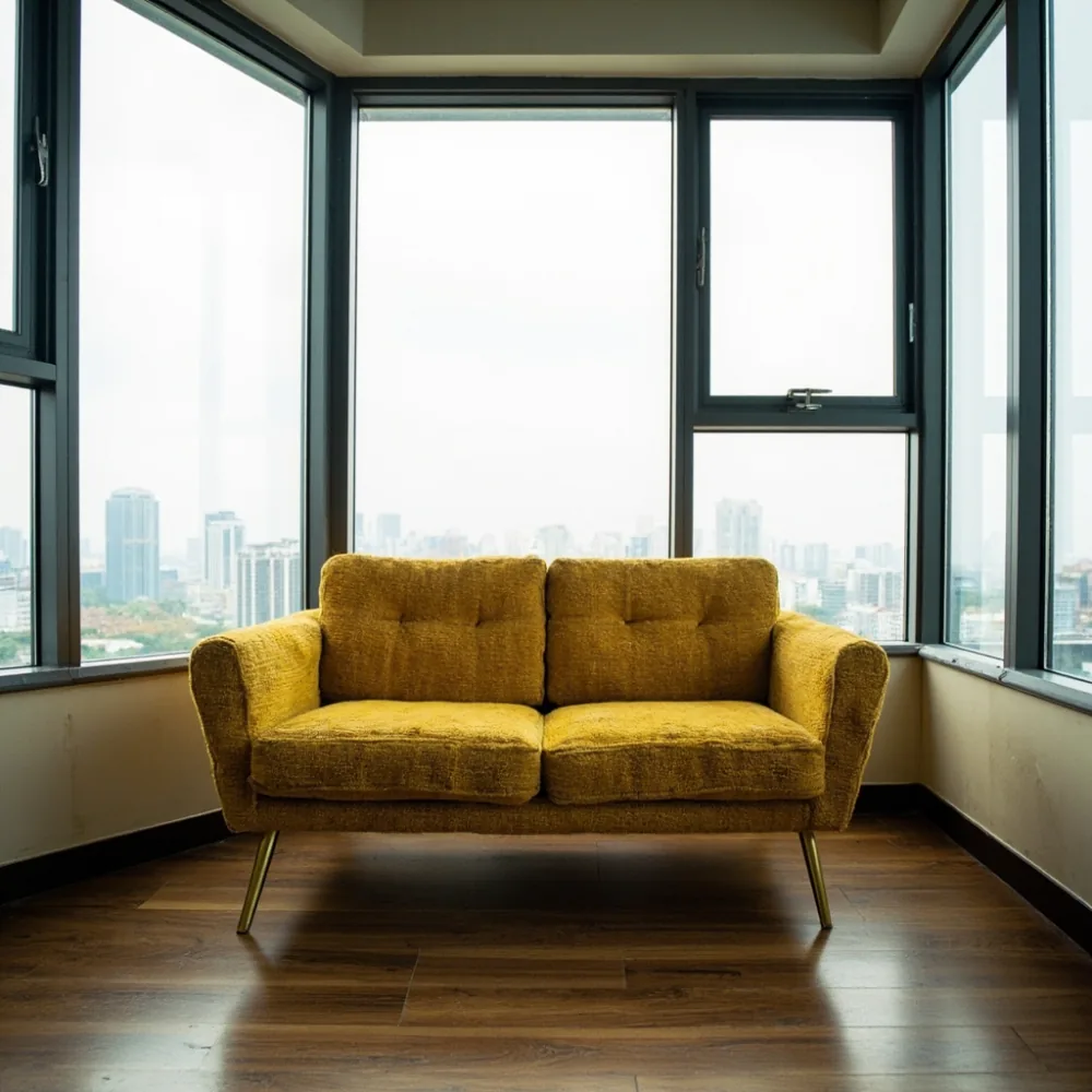 Sofa postmoden kayu pepejal dua tempat duduk fabrik boucle mustard di sudut kondominium Pulau Pinang