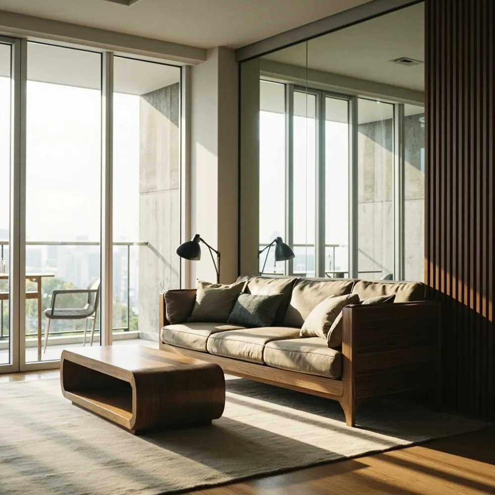 Sofa moden gaya Amerika kayu walnut di ruang tamu kondominium Kuala Lumpur yang minimalis dan elegan
