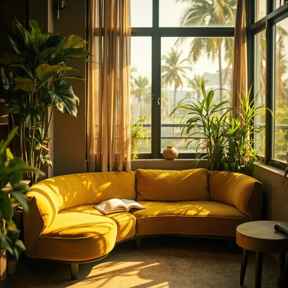 Sofa postmoden berwarna mustard untuk sudut membaca di teres Johor Bahru dengan pencahayaan senja tropika