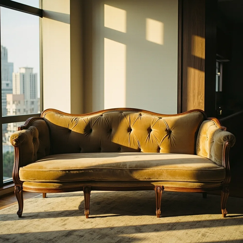 Sofa kayu pepejal gaya Perancis Louis XVI baldu champagne dalam ruang tamu kondominium Kuala Lumpur dengan cahaya semula jadi