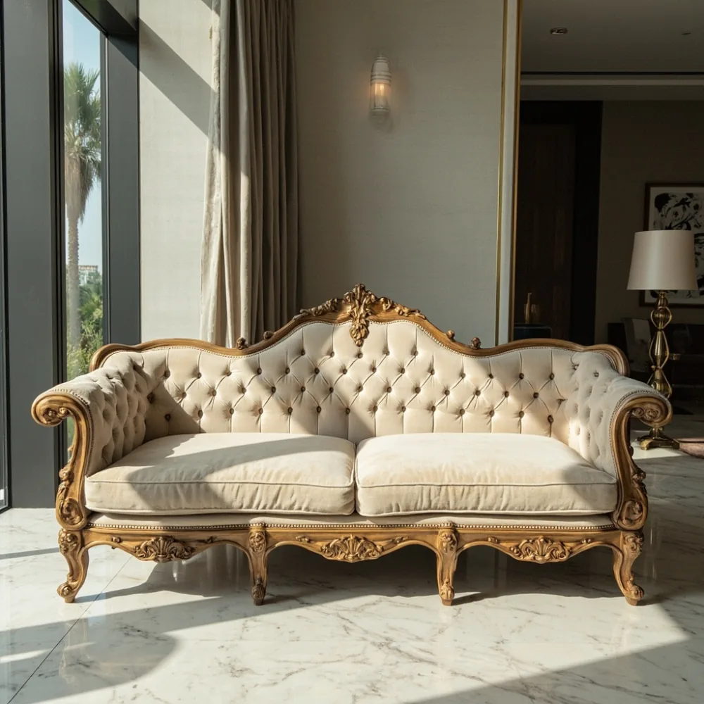 Sofa kayu pepejal gaya Perancis dalam ruang tamu kondominium Kuala Lumpur