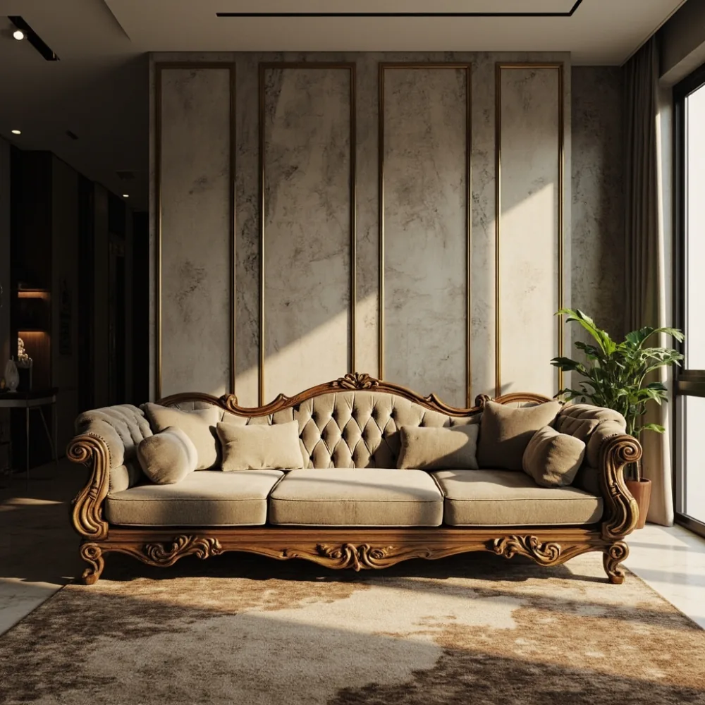 sofa gaya Perancis kayu pepejal di ruang tamu kondominium Kuala Lumpur