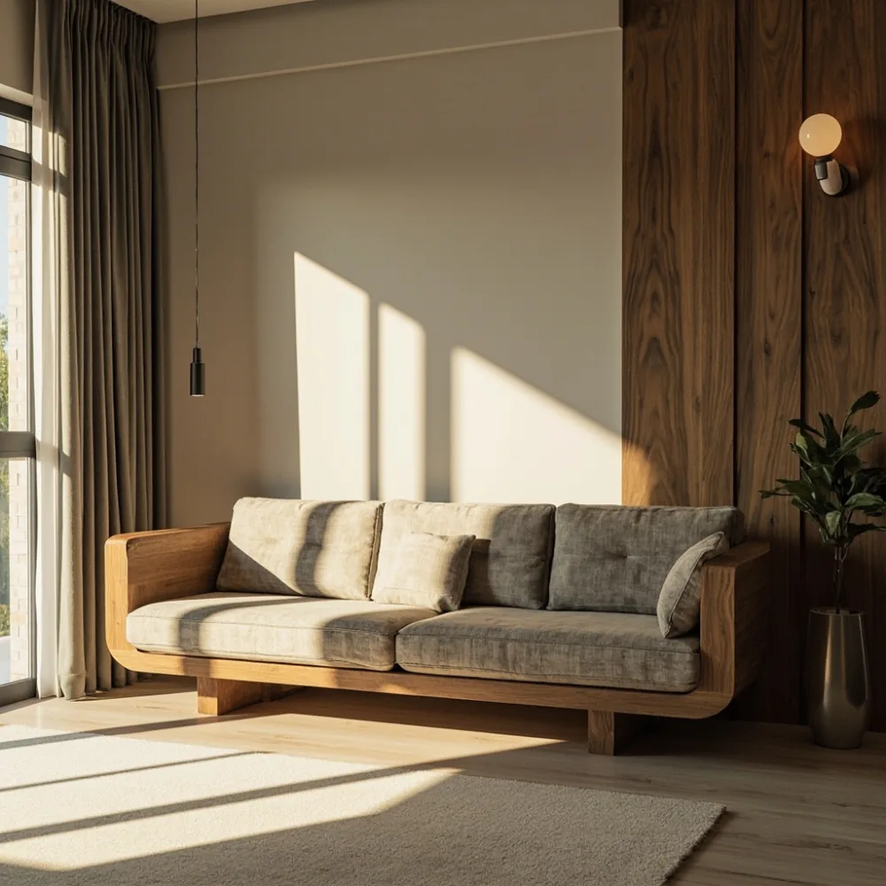 sofa gaya postmoden kayu pepejal di apartmen mewah Pulau Pinang