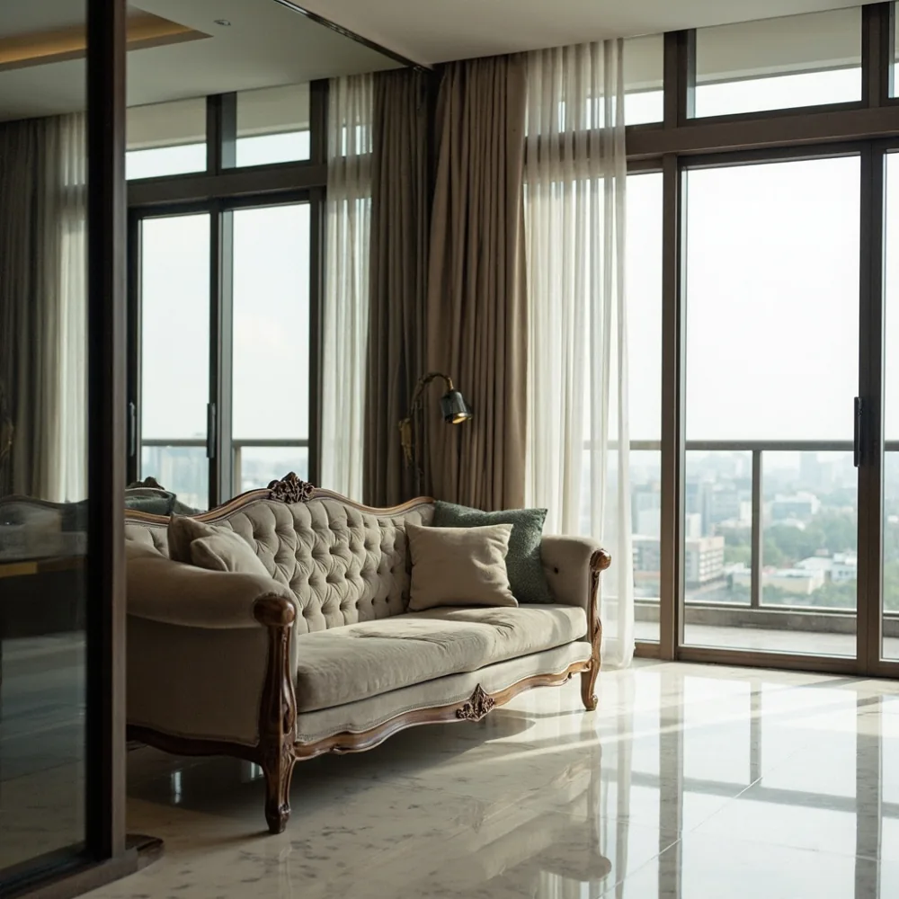Sofa my kayu pepejal gaya Perancis dalam kondominium Kuala Lumpur dengan cahaya semula jadi