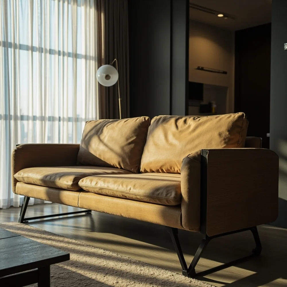 Sofa my kayu pepejal postmoden dalam kondominium Johor Bahru dengan palet neutral