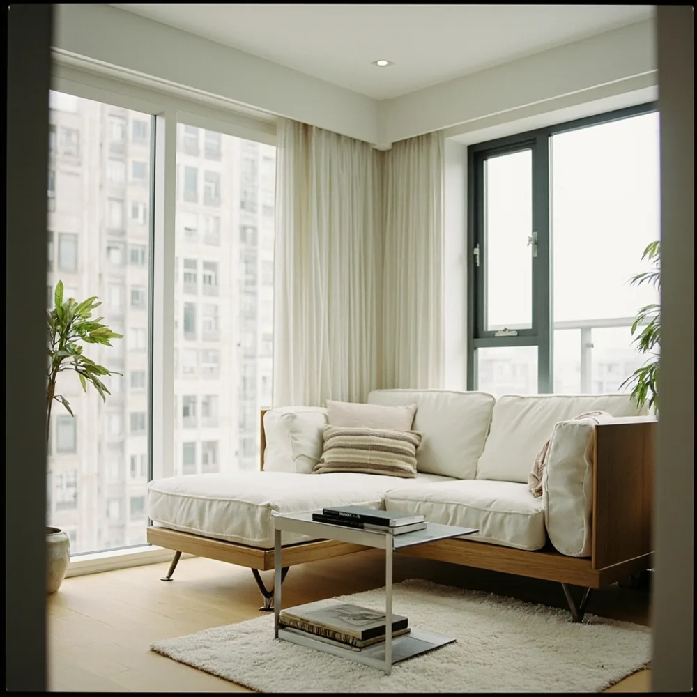 Sofa postmoden boucle putih kayu oak di kondominium Pulau Pinang