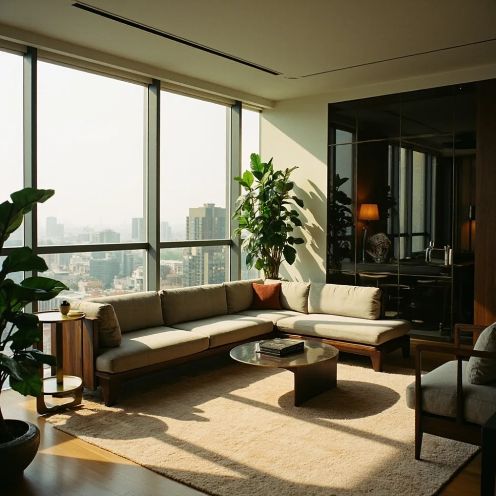 Sofa kayu pepejal postmoden walnut dalam ruang tamu kondominium Kuala Lumpur dengan cahaya tropika