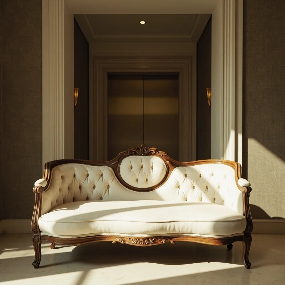 Sofa mewah Perancis kayu pepejal berhampiran lif sempit kondominium Pulau Pinang dengan upholsteri cream