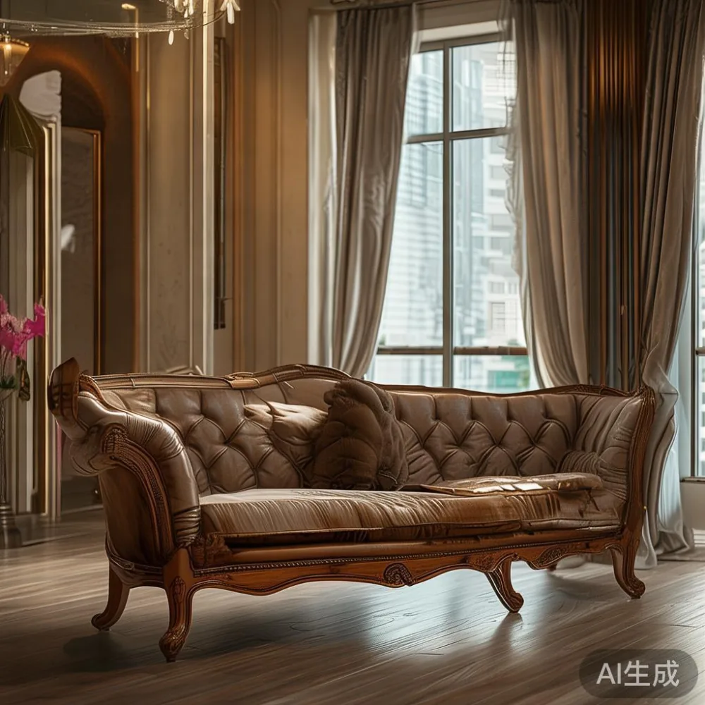 Sofa kayu pepejal mewah gaya Perancis di ruang tamu kondominium Kuala Lumpur