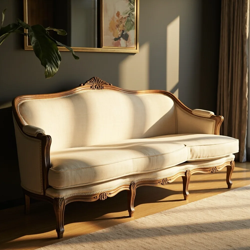 Sofa kayu pepejal gaya Perancis moden dalam ruang tamu kondominium Kuala Lumpur dengan upholsteri linen champagne dan bingkai walnut